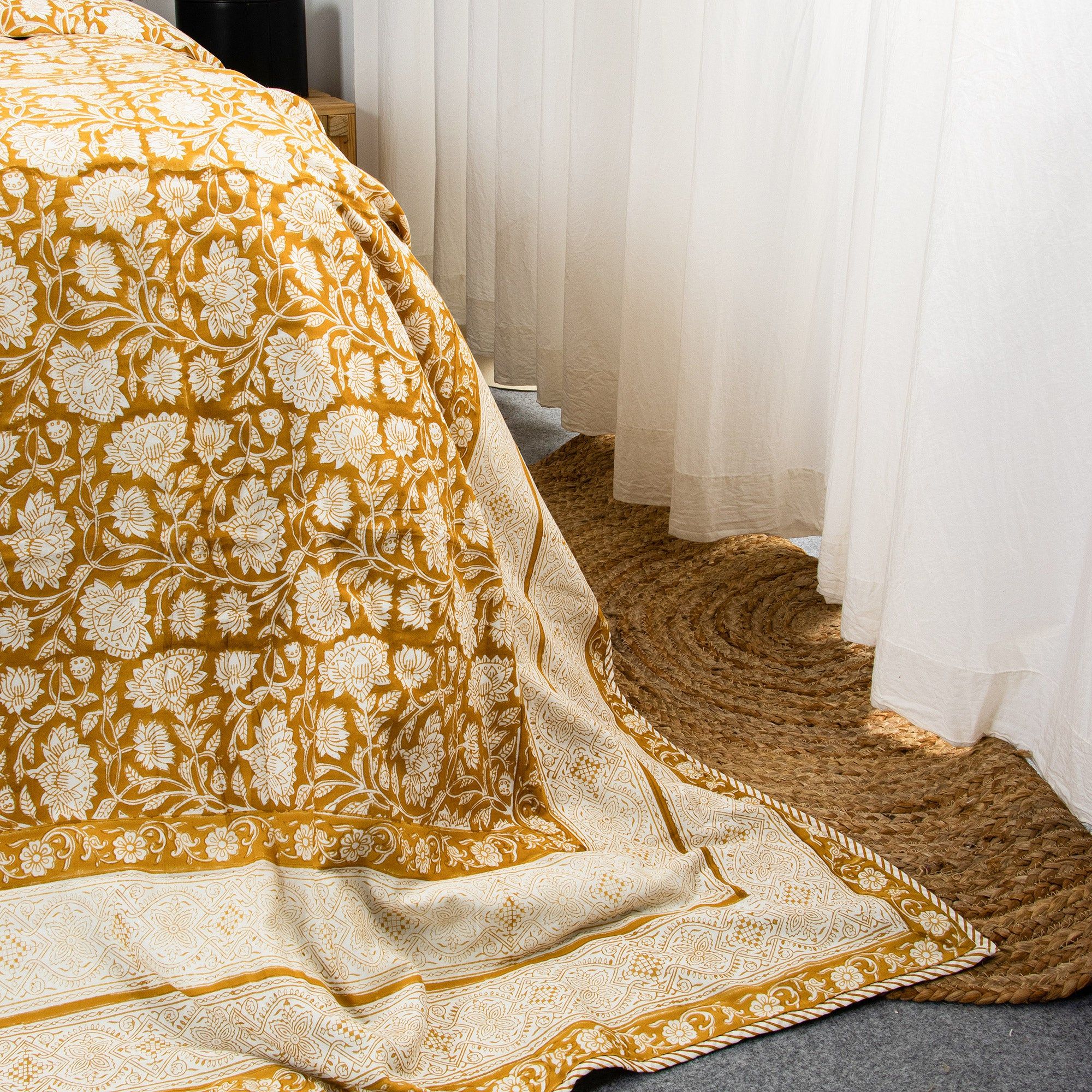 Hand Block Yellow Floral Printed Cotton Dohar Double Bed